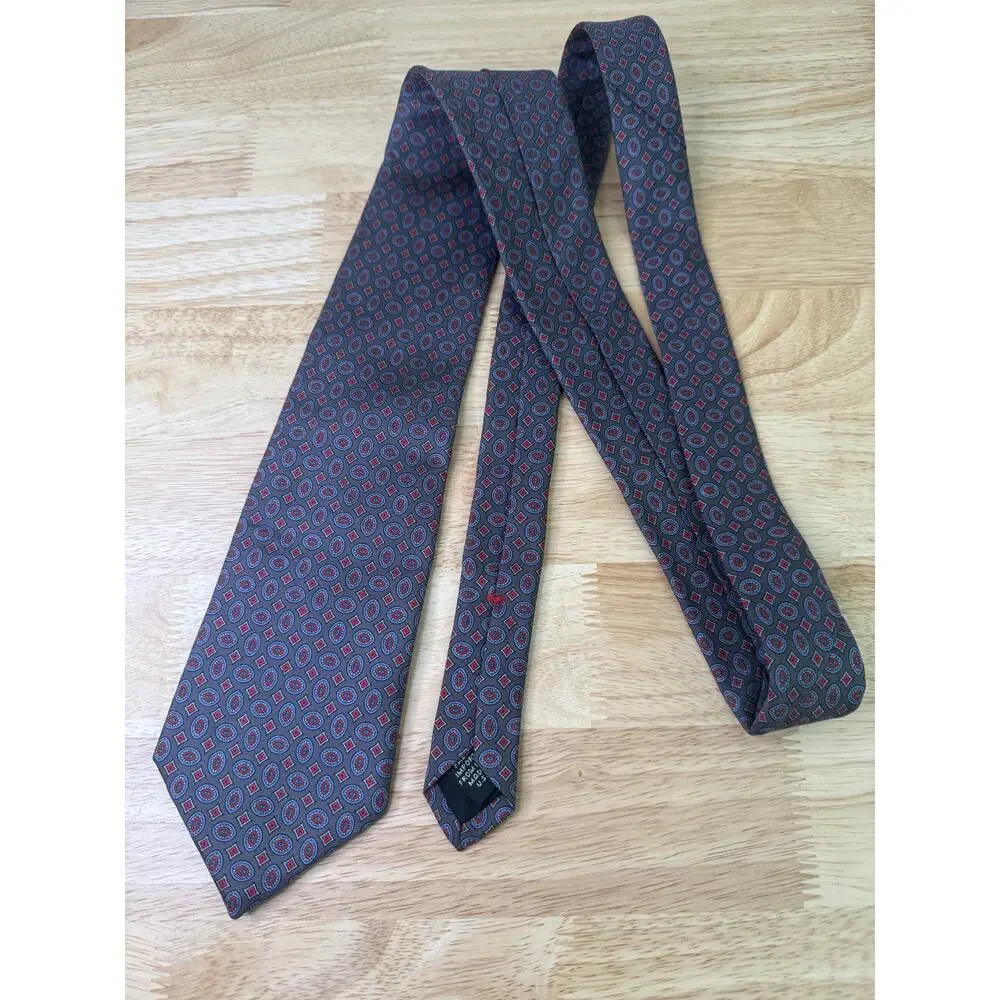 Claybrooke Men's 100% Silk Neck Tie Steel Blue Red Geometric